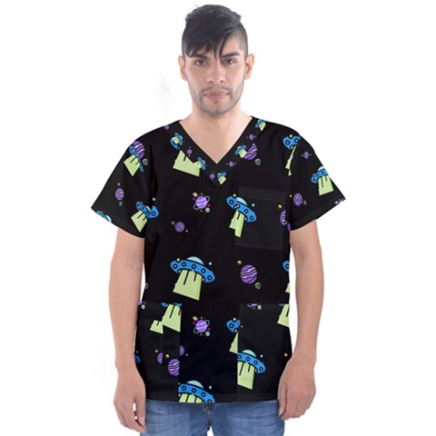 Illustration Cosmos Cosmo Rocket Spaceship -ufo Men s V-neck Scrub Top by danenraven