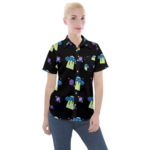 Illustration Cosmos Cosmo Rocket Spaceship Ufo Women s Short Sleeve Pocket Shirt by danenraven