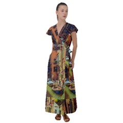 Venice Canals Art   Flutter Sleeve Maxi Dress by ConteMonfrey