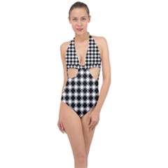Square Diagonal Pattern Seamless Halter Front Plunge Swimsuit by Ravend