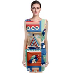 Toy Transport Cartoon Seamless-pattern-with-airplane-aerostat-sail Yacht Vector Illustration Sleeveless Velvet Midi Dress by Jancukart
