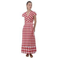 Straight Red White Small Plaids Flutter Sleeve Maxi Dress by ConteMonfrey