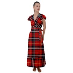 Black, White And Red Classic Plaids Flutter Sleeve Maxi Dress by ConteMonfrey
