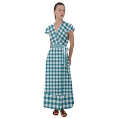 Straight Blue White Small Plaids Flutter Sleeve Maxi Dress by ConteMonfrey
