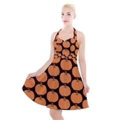 Black And Orange Pumpkin Halter Party Swing Dress  by ConteMonfrey