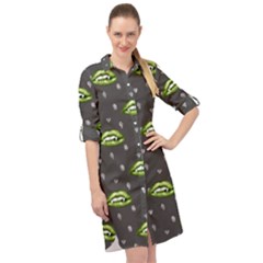 Green Vampire Mouth - Halloween Modern Decor Long Sleeve Mini Shirt Dress by ConteMonfrey