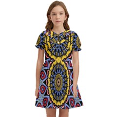 Kaleidoscope Mandala Colorful Kids  Bow Tie Puff Sleeve Dress by Wegoenart