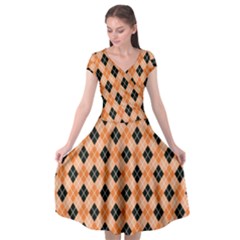 Halloween Inspired Black Orange Diagonal Plaids Cap Sleeve Wrap Front Dress by ConteMonfrey