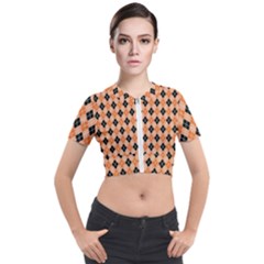 Halloween Inspired Black Orange Diagonal Plaids Short Sleeve Cropped Jacket by ConteMonfrey