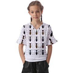 Ant Insect Pattern Cartoon Ants Kids  V-neck Horn Sleeve Blouse by Ravend