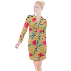 Nature Floral Flower Petal Leaves Leaf Plant Button Long Sleeve Dress by Ravend