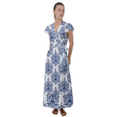 Blue And White Ornament Damask Vintage Flutter Sleeve Maxi Dress by ConteMonfrey
