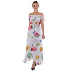 Fruit Summer Vitamin Watercolor Off Shoulder Open Front Chiffon Dress by Wegoenart