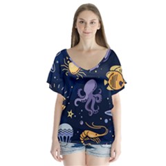 Marine-seamless-pattern-thin-line-memphis-style V-neck Flutter Sleeve Top by BangZart