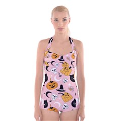 Pumpkin Cat Pattern Skull Boyleg Halter Swimsuit  by Wegoenart