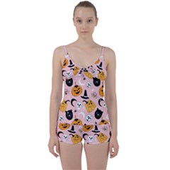 Pumpkin Cat Pattern Skull Tie Front Two Piece Tankini by Wegoenart