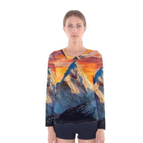 Himalaya Mountains Landscape  Nature Women s Long Sleeve Tee by danenraven