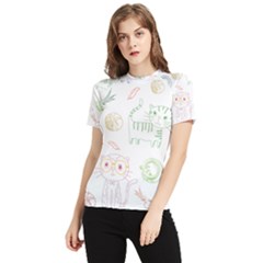 Cats And Food Doodle Seamless Pattern Women s Short Sleeve Rash Guard by danenraven