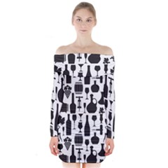 Wine Pattern Black White Long Sleeve Off Shoulder Dress by Jancukart