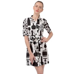 Wine Pattern Black White Belted Shirt Dress by Jancukart