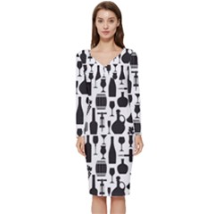Wine Pattern Black White Long Sleeve V-neck Bodycon Dress  by Jancukart