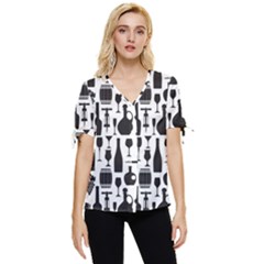 Wine Pattern Black White Bow Sleeve Button Up Top by Jancukart