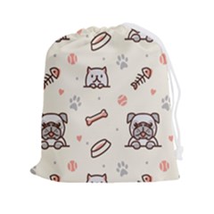 Pug-dog-cat-with-bone-fish-bones-paw-prints-ball-seamless-pattern-vector-background Drawstring Pouch (2xl) by Jancukart