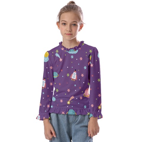 Space Travels Seamless Pattern Vector Cartoon Kids  Frill Detail Tee by Wegoenart