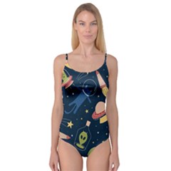 Seamless Pattern With Funny Alien Cat Galaxy Camisole Leotard  by Wegoenart
