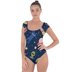 Seamless Pattern With Funny Alien Cat Galaxy Short Sleeve Leotard  by Wegoenart
