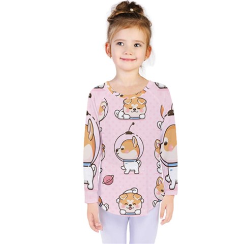 Set Kawaii Smile Japanese Dog Cartoon Kids  Long Sleeve Tee by Wegoenart
