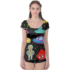 Seamless Pattern With Space Object Ufo Rocket Alien Hand Drawn Element Space Boyleg Leotard  by Wegoenart