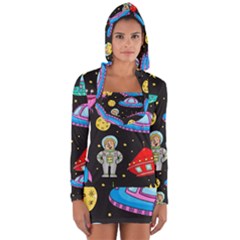 Seamless Pattern With Space Object Ufo Rocket Alien Hand Drawn Element Space Long Sleeve Hooded T-shirt by Wegoenart