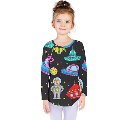Seamless Pattern With Space Object Ufo Rocket Alien Hand Drawn Element Space Kids  Long Sleeve Tee by Wegoenart