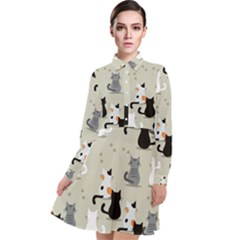 Cute-cat-seamless-pattern Long Sleeve Chiffon Shirt Dress by Wegoenart