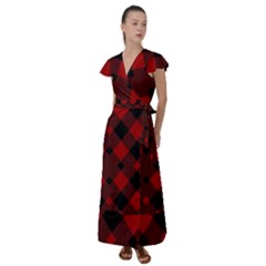 Red Diagonal Plaid Big Flutter Sleeve Maxi Dress by ConteMonfrey