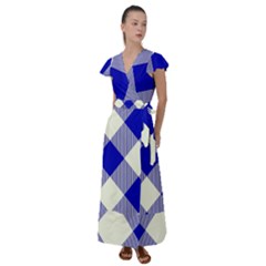 Blue And White Diagonal Plaids Flutter Sleeve Maxi Dress by ConteMonfrey
