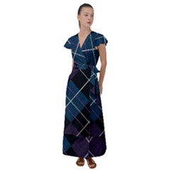 Modern Blue Plaid Flutter Sleeve Maxi Dress by ConteMonfrey