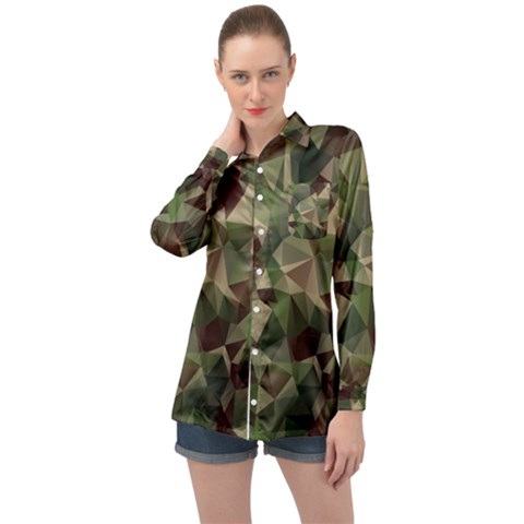 Abstract-vector-military-camouflage-background Long Sleeve Satin Shirt by Wegoenart