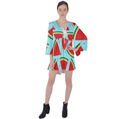 Blue Watermelon V-neck Flare Sleeve Mini Dress by ConteMonfrey