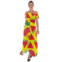Yellow Watermelon   Off Shoulder Open Front Chiffon Dress by ConteMonfrey