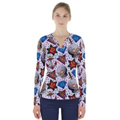 Full Color Flash Tattoo Patterns V-neck Long Sleeve Top by Wegoenart