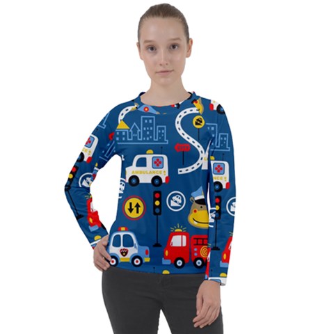 Car Cars Seamless Pattern Vector Rescue Team Cartoon Women s Long Sleeve Raglan Tee by Wegoenart