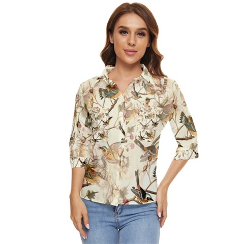 Birds Perched Birds Pattern Design Seamless Women s Quarter Sleeve Pocket Shirt by Wegoenart