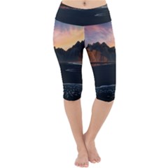 Beach Volcano Ocean Sunset Sunrise Iceland Lightweight Velour Cropped Yoga Leggings by danenraven