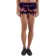 Night Houses River Bokeh Leaves Fall Autumn Yoga Shorts by danenraven