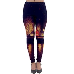 Night Houses River Bokeh Leaves Fall Autumn Lightweight Velour Leggings by danenraven