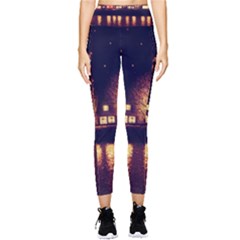 Night Houses River Bokeh Leaves Fall Autumn Pocket Leggings  by danenraven