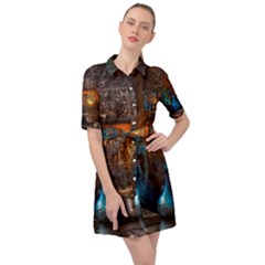 Blue Coffee Cups Cups Coffee Snack Blue Color Belted Shirt Dress by danenraven