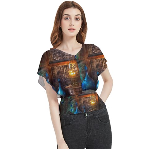 Blue Coffee Cups Cups Coffee Snack Blue Color Butterfly Chiffon Blouse by danenraven